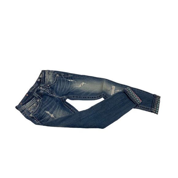 Miss Me Cropped Jeans Sz 24 Aztec Embroidered Cuff Bling Pockets - Picture 5 of 5